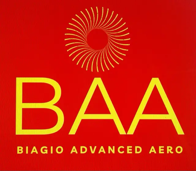 A red and yellow logo for biagio advanced aeros.